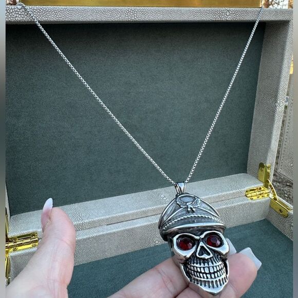 Men's Bold Skull Pendant Necklace with Red Eyes - 24" Stainless Steel Chain - Picture 15 of 17